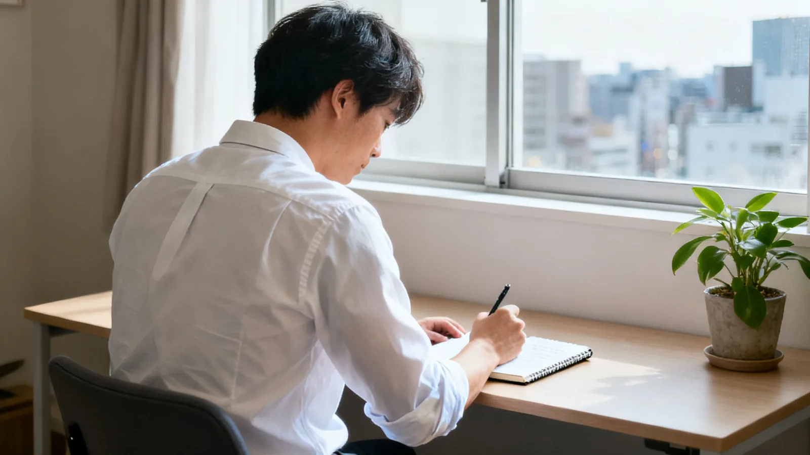 休日の朝、明るい部屋の机でノートに書き込む男性