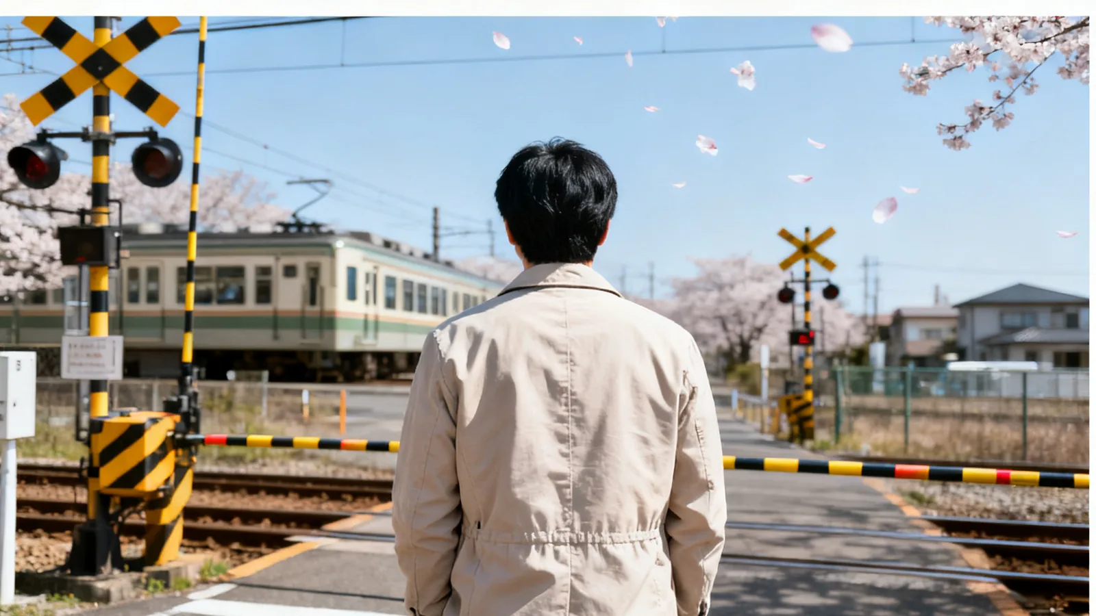 春の午後、踏切の前で電車が過ぎるのを待つ男性
