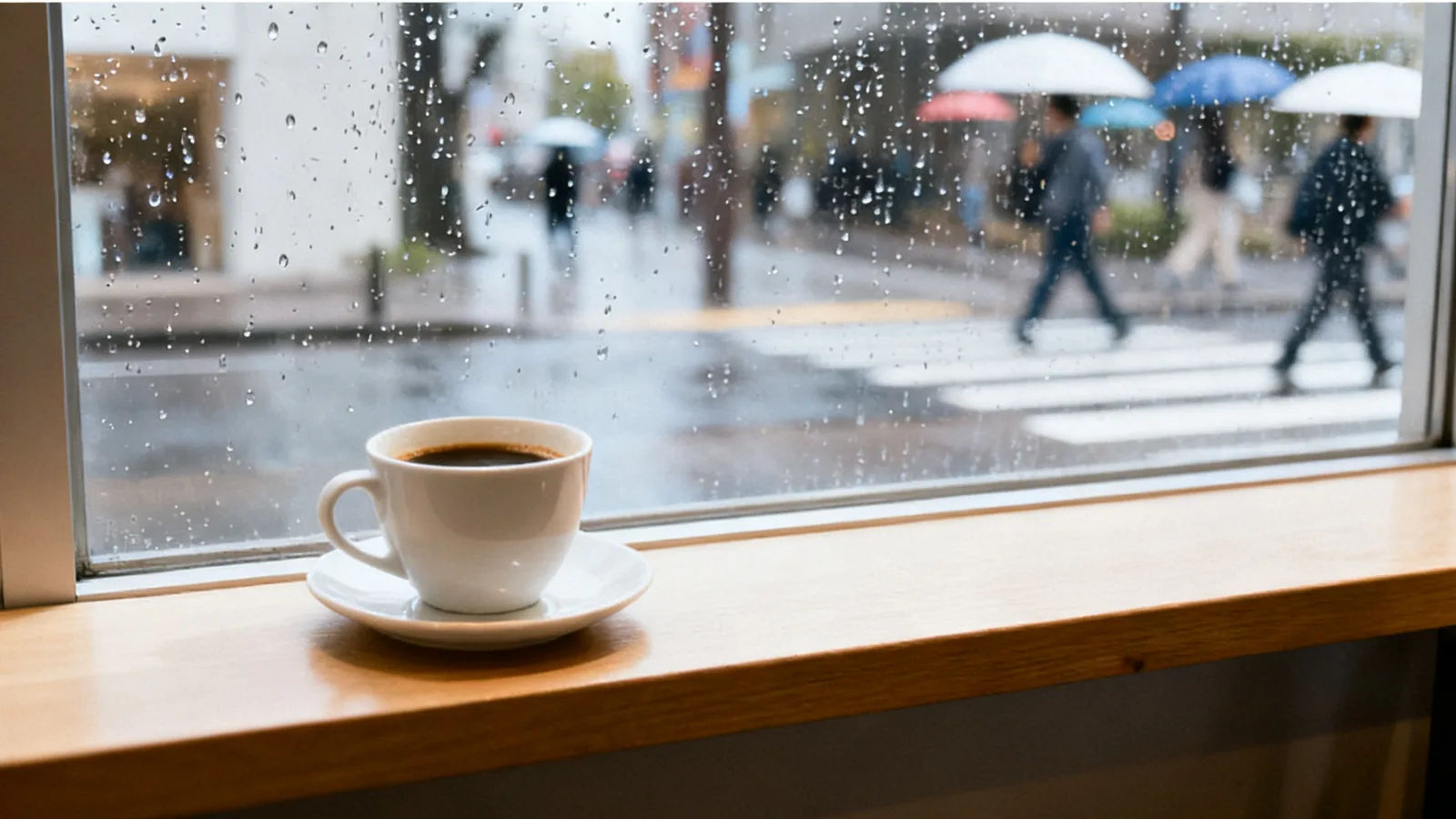 雨の日のカフェの窓辺に置かれたコーヒー