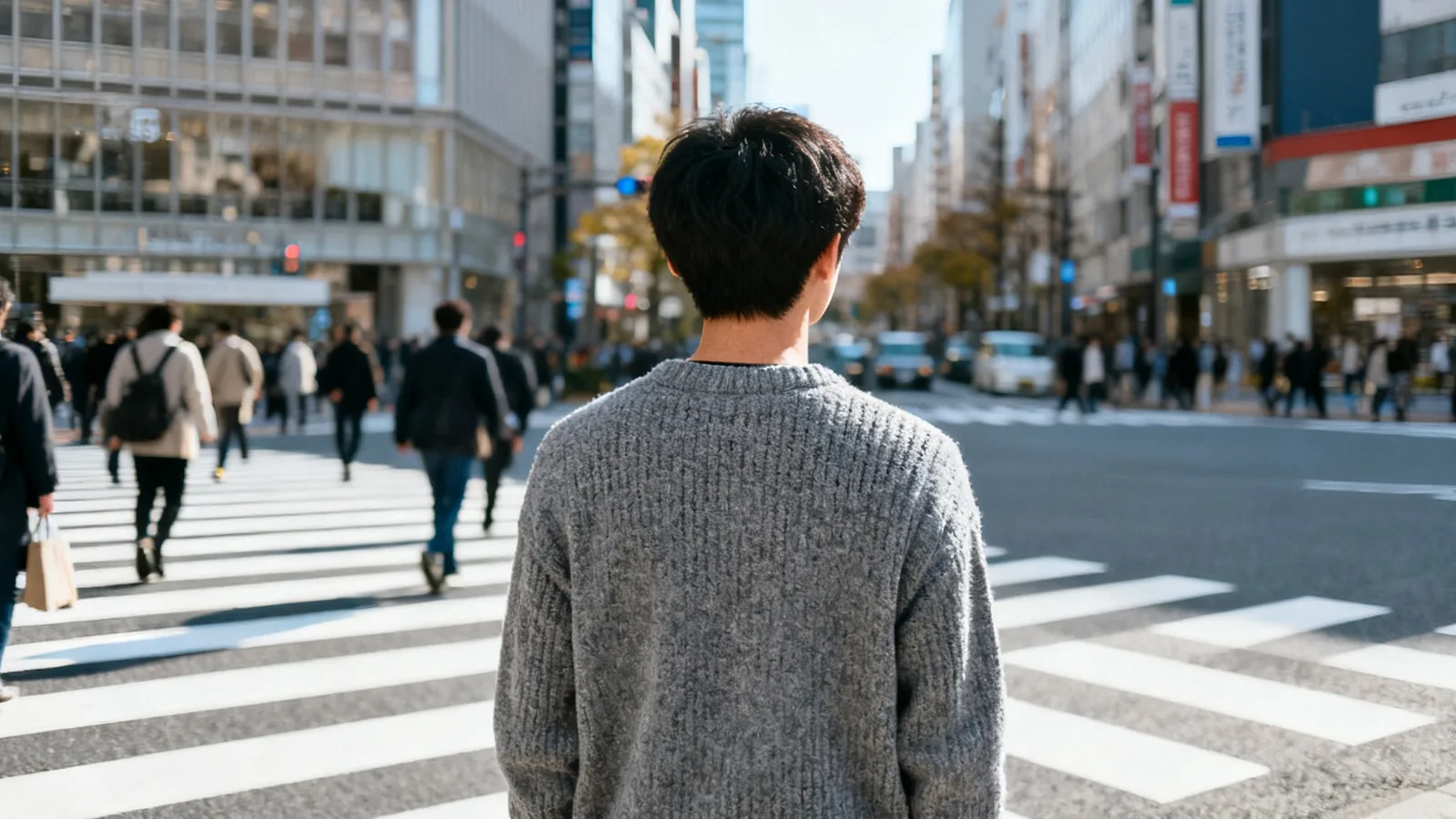 大きな交差点で、歩き出す前に立ち止まる男性