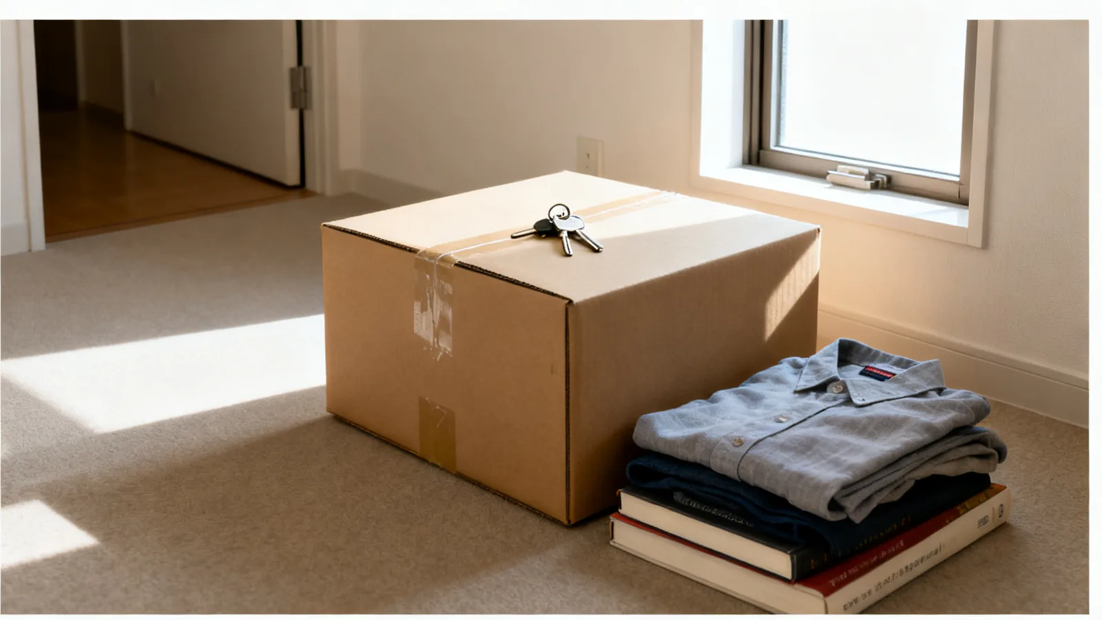 玄関に置いた、合鍵をのせた返す荷物の段ボール箱