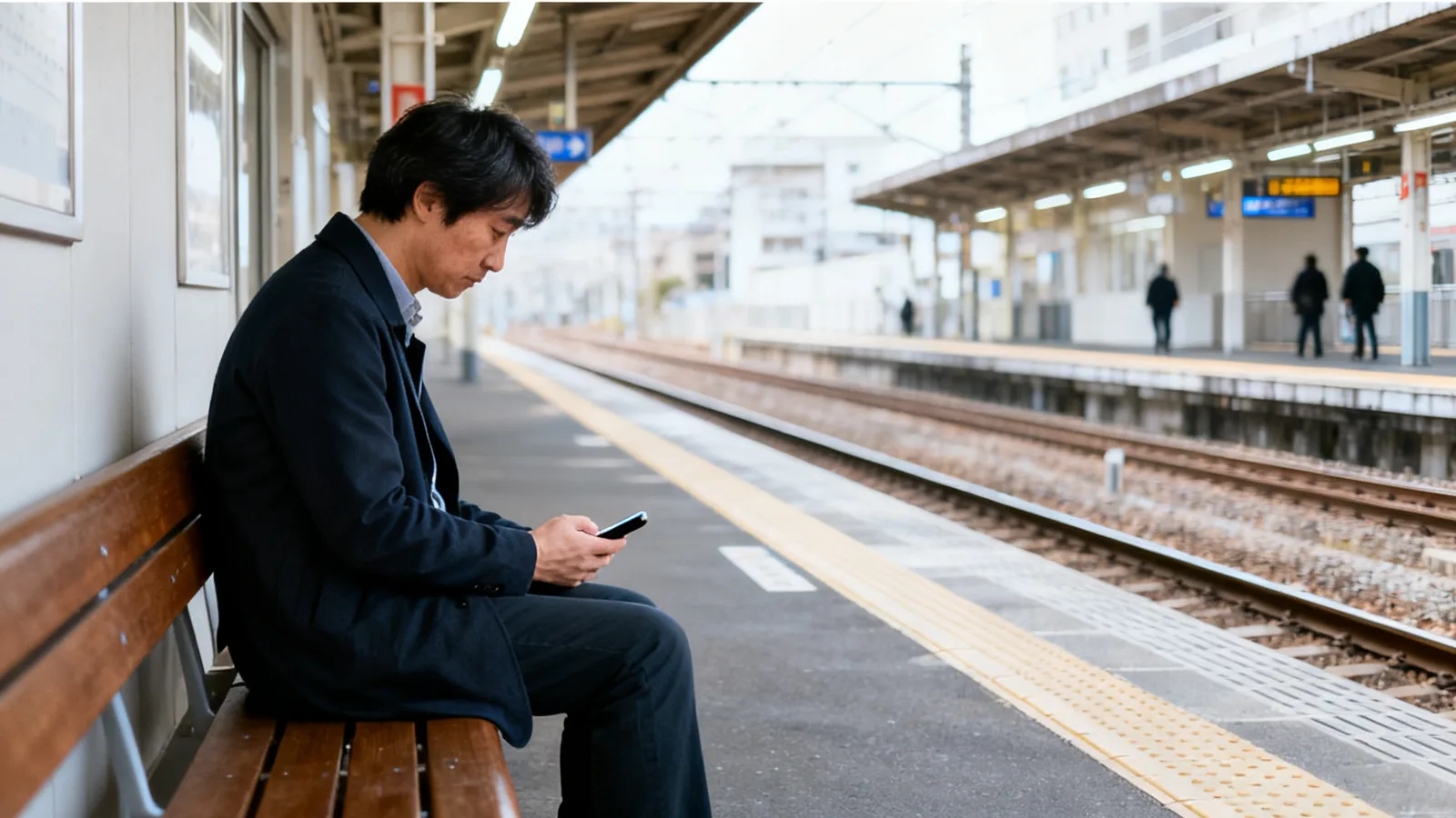 昼の駅のホームで、ベンチに座る男性の横顔