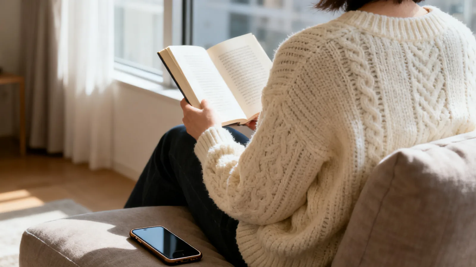 日曜の昼、明るい部屋で本を読む女性の後ろ姿