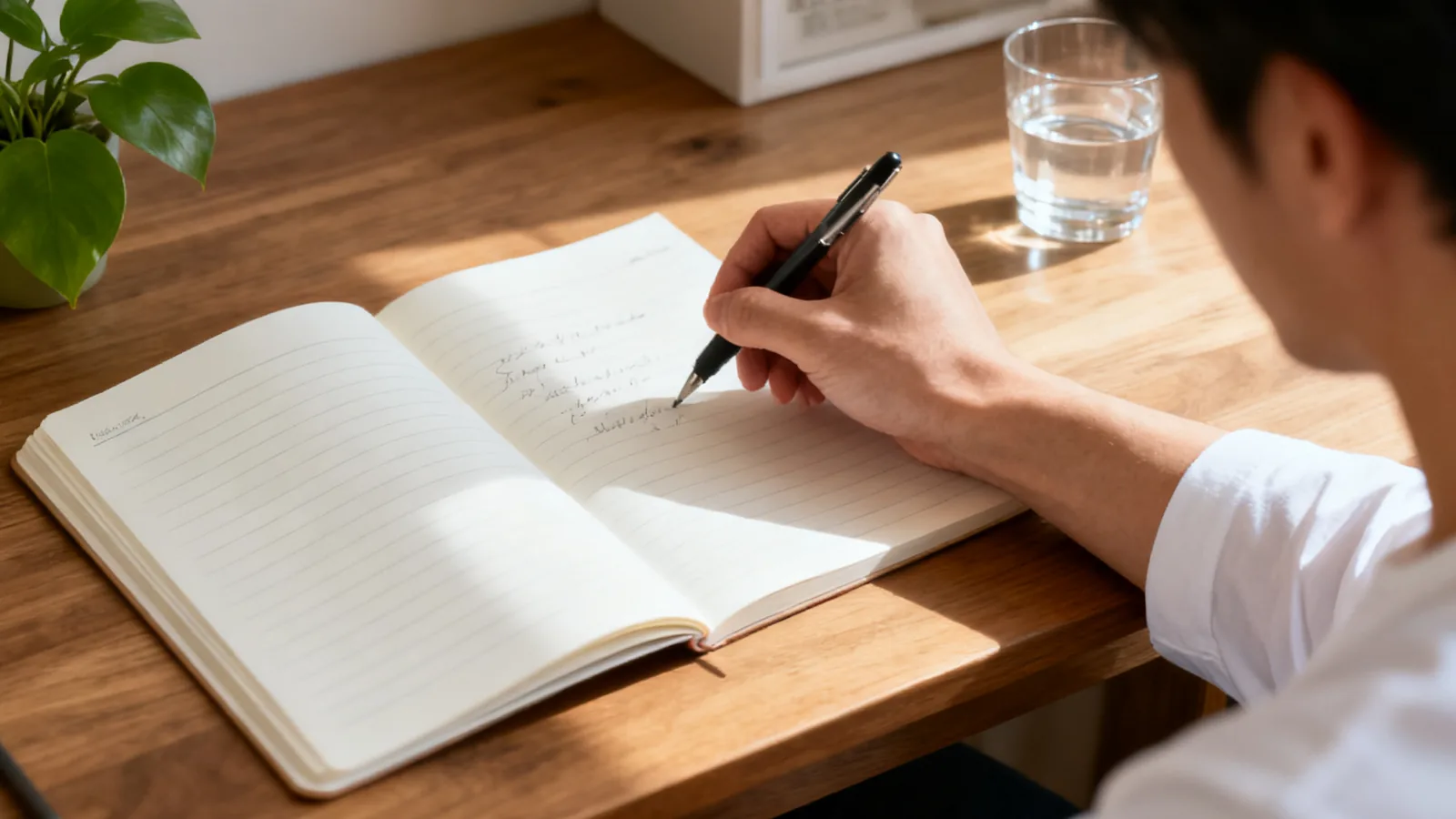 週末の朝、机の上のノートにペンで書き出す手元