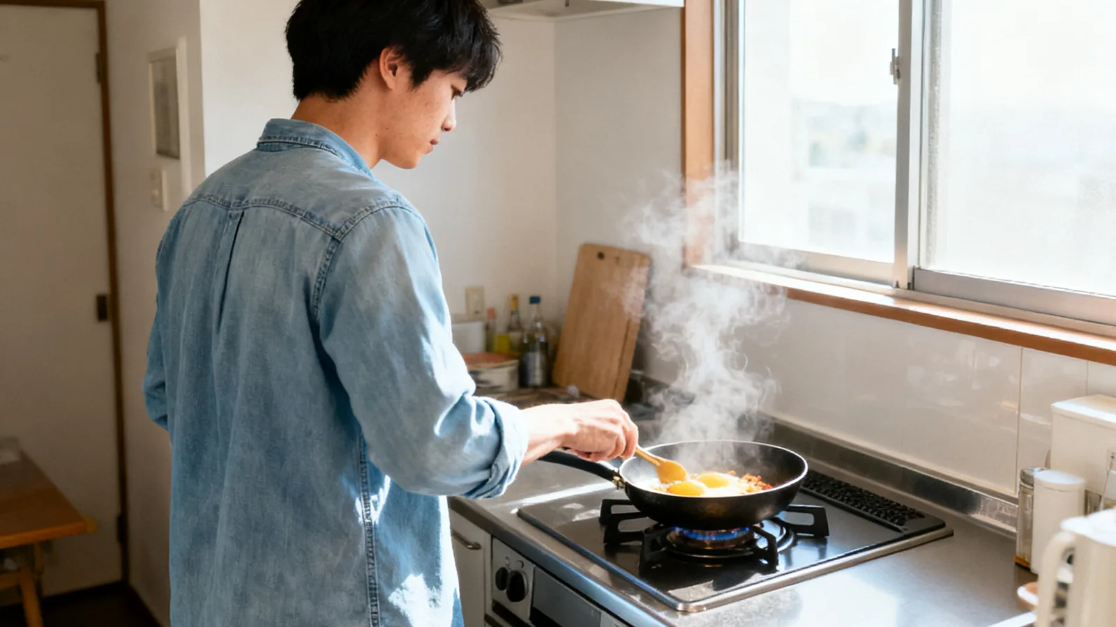 朝、明るい台所で朝ごはんを作る男性の後ろ姿