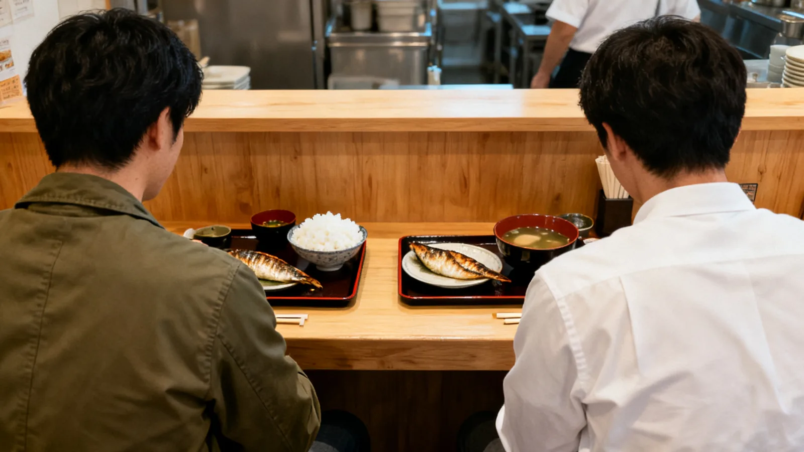 昼どき、定食屋のカウンターで友人と食事をする男性