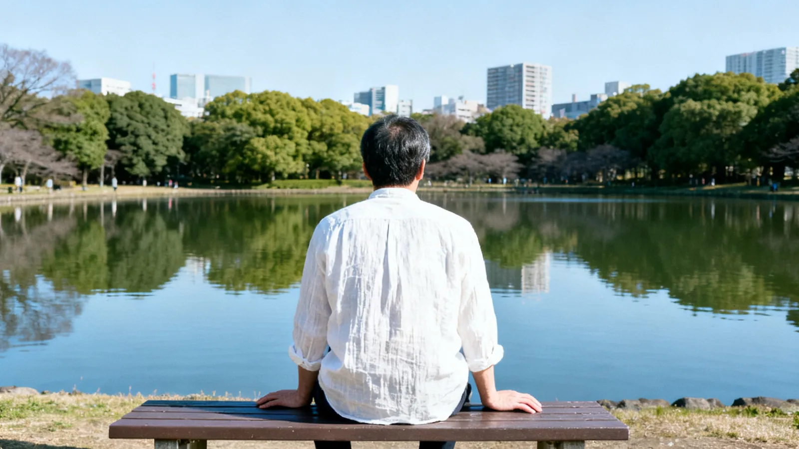 夏の朝、公園の池のほとりのベンチに静かに座る男性
