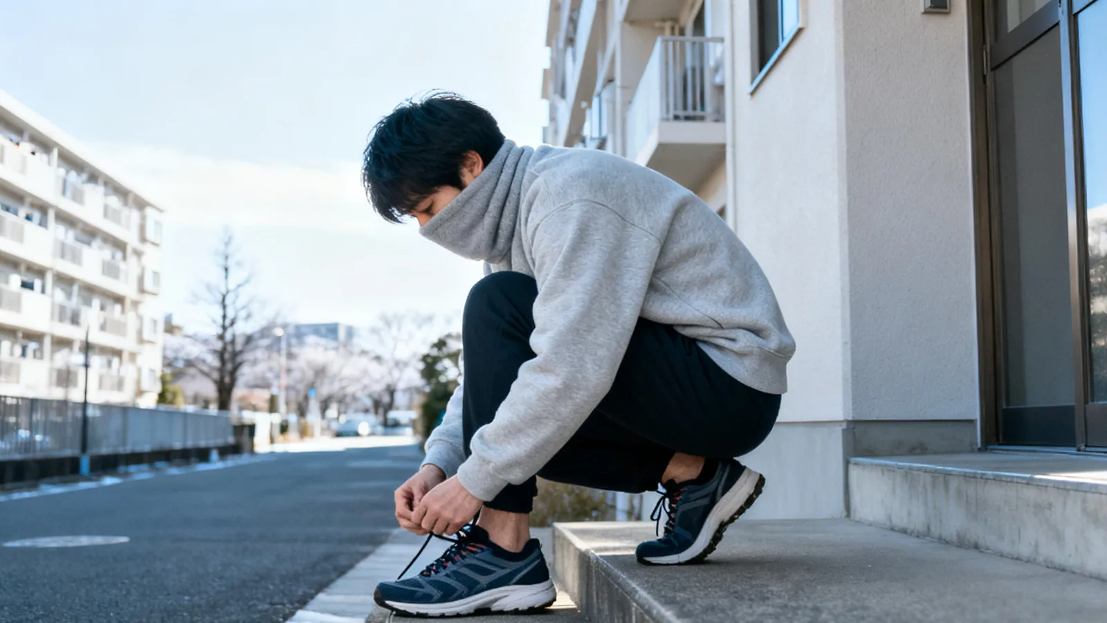 冬の朝、マンションの前の階段で靴ひもを結ぶ男性