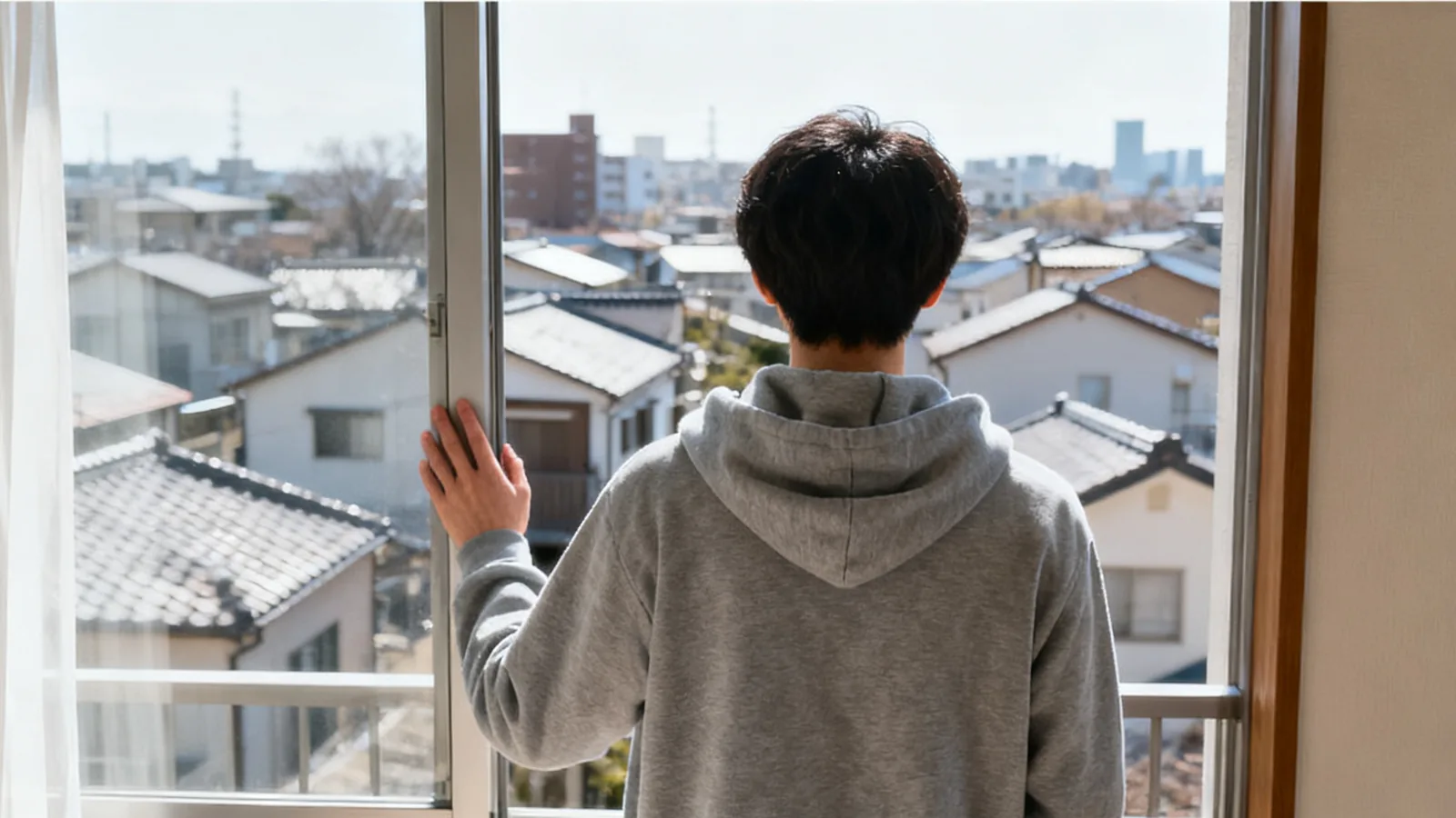 冬の朝、部屋の窓から街を眺めて考える男性
