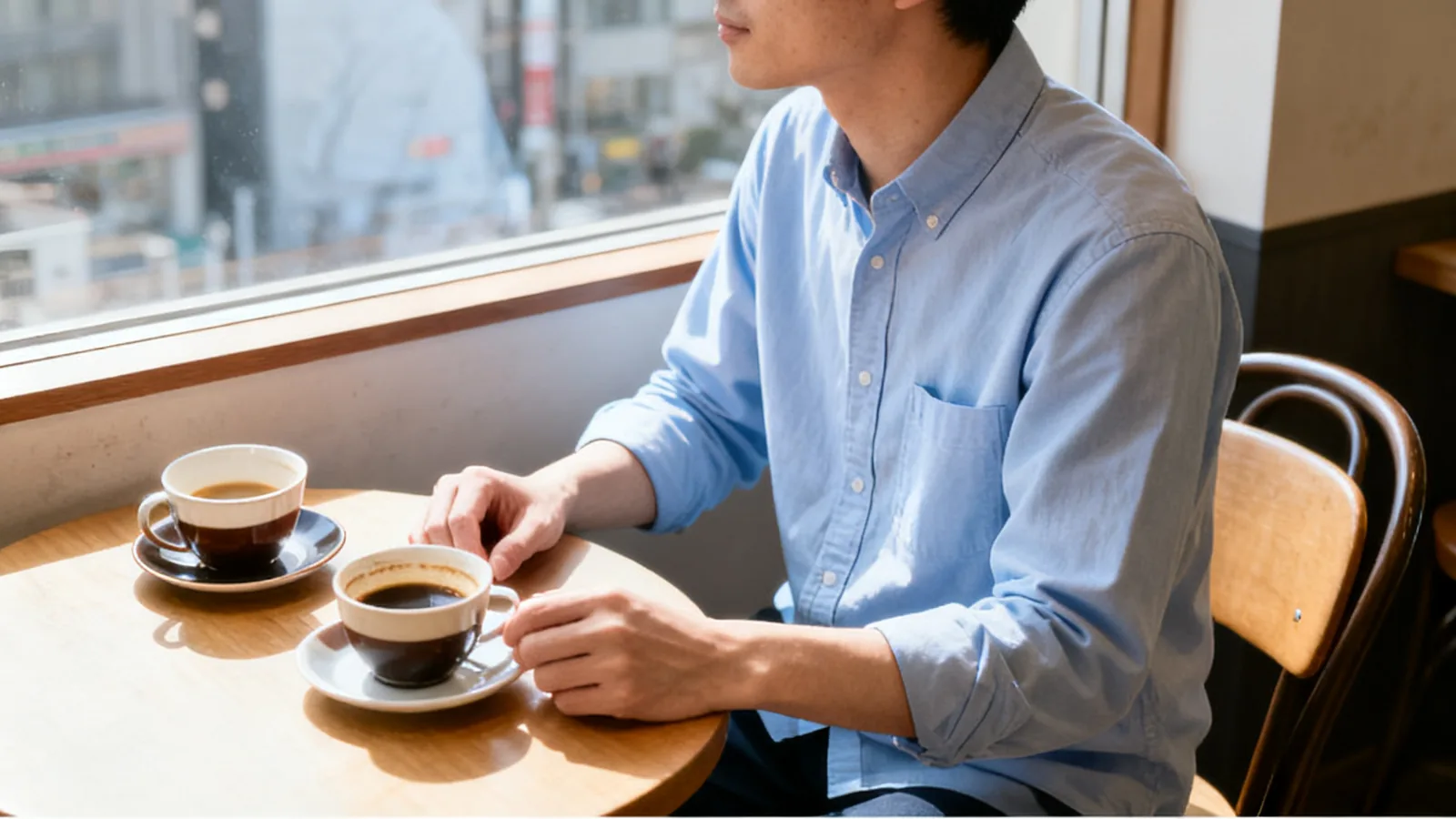 話し終えたあと、カフェの席に一人で残る男性