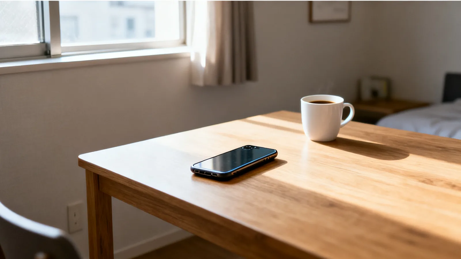 朝の部屋で、テーブルに伏せて置いたスマホ