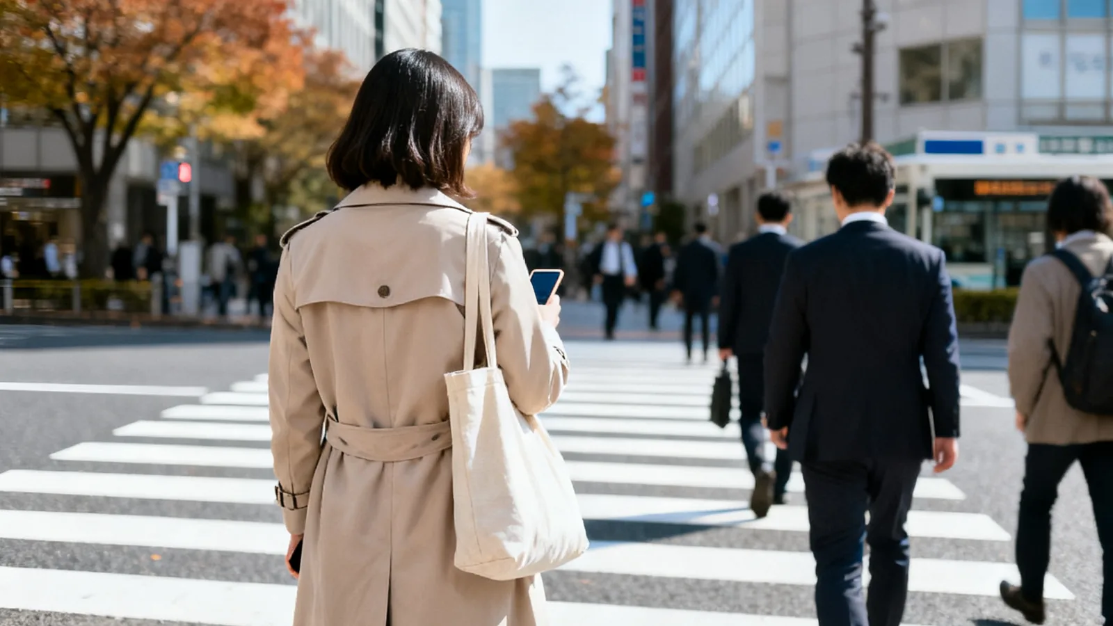朝の交差点で信号を待つ女性の後ろ姿