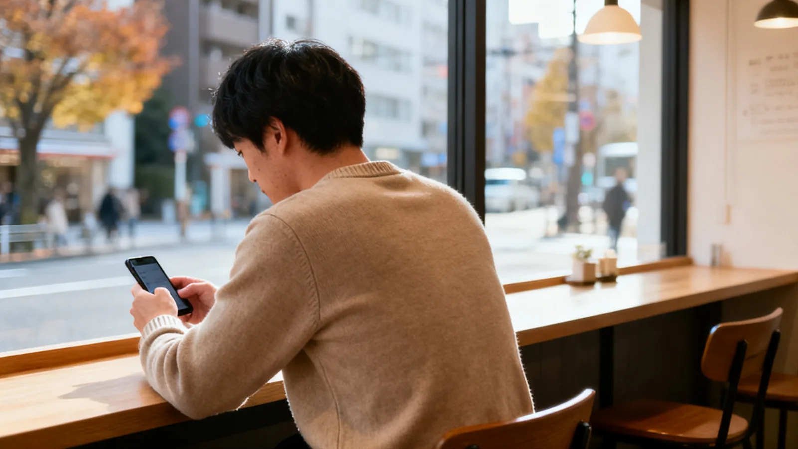 カフェの窓際でスマホを手に文面を考える男性
