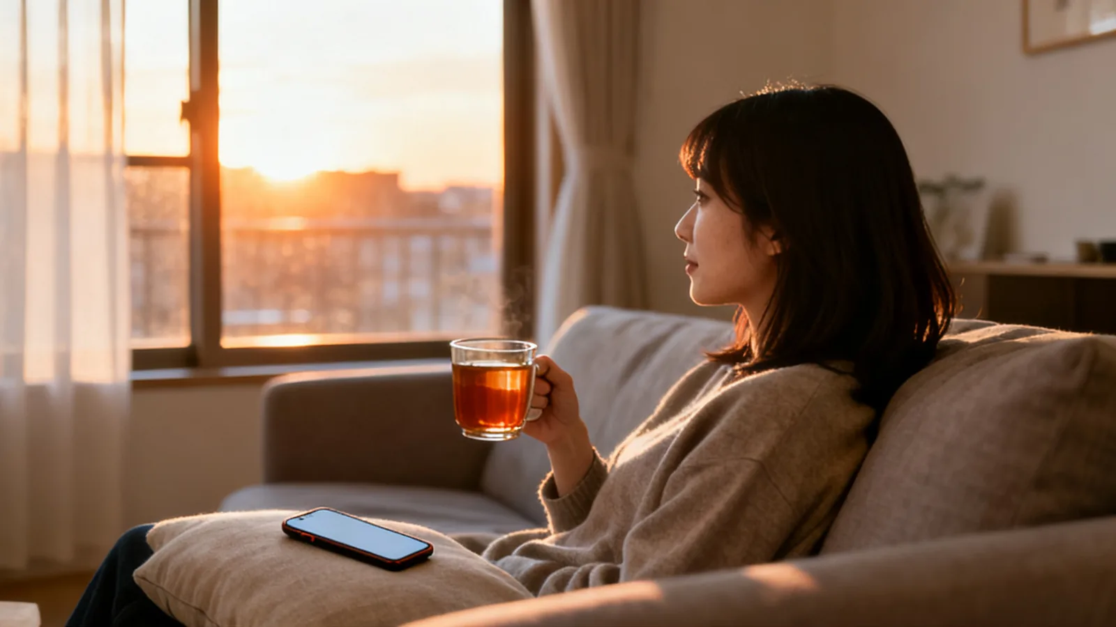 仕事を終えて家のソファでお茶を飲みひと息つく女性