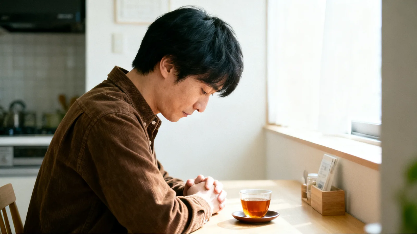 午後の明るい台所で、うつむいてテーブルに座る男性