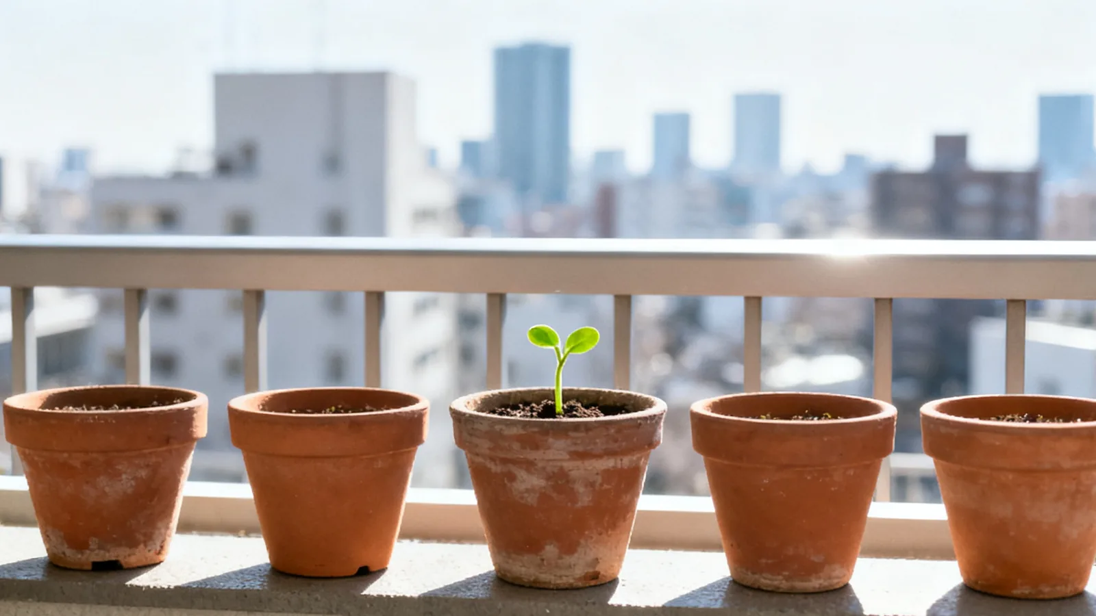 朝日の当たるベランダの鉢植えに、小さな新芽が出ている