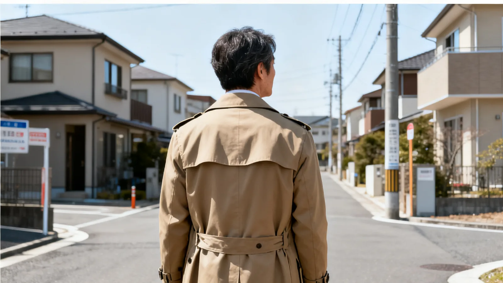 住宅街の角で立ち止まる男性の後ろ姿