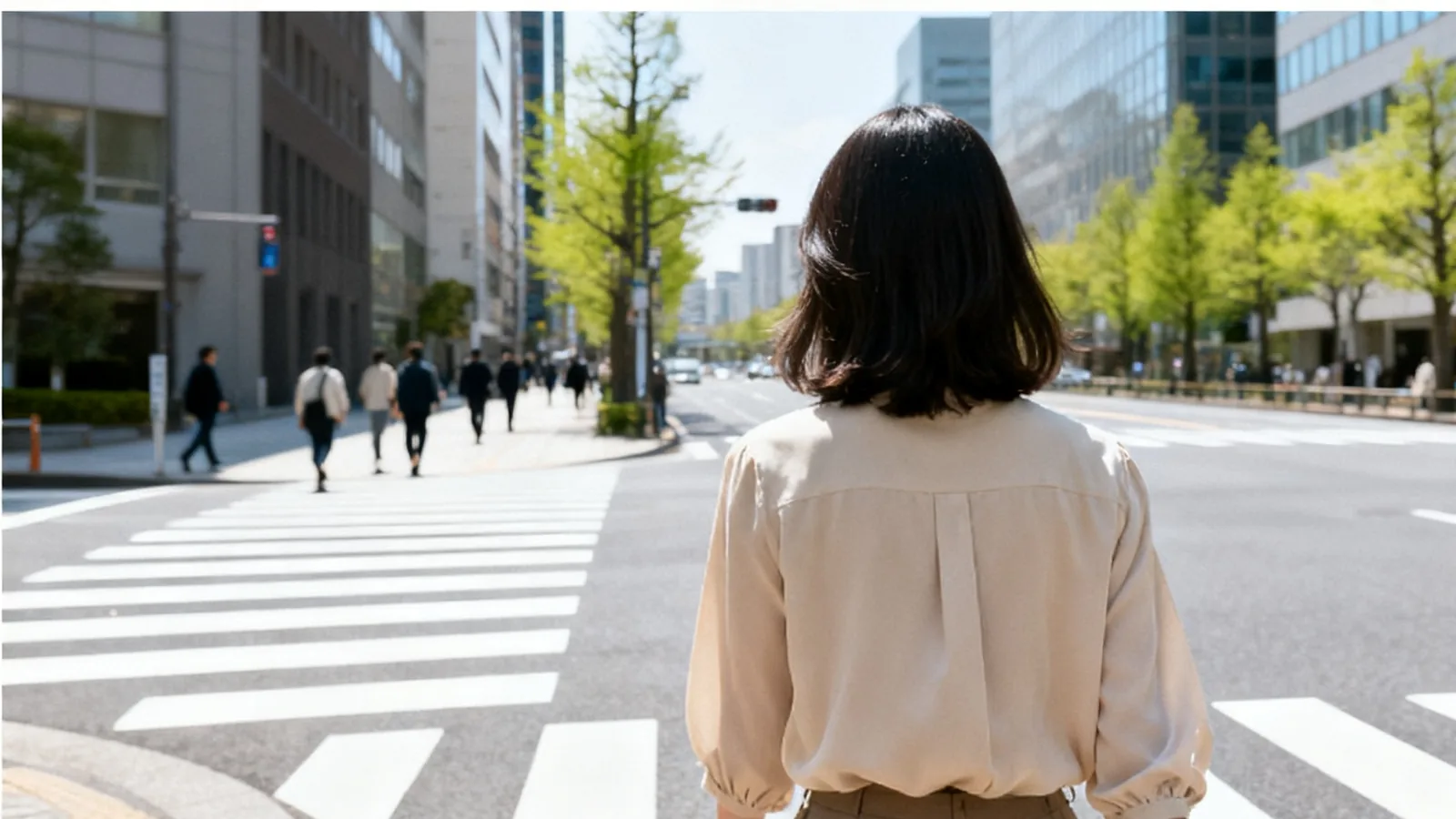昼休みに友人と横断歩道を渡る女性の後ろ姿