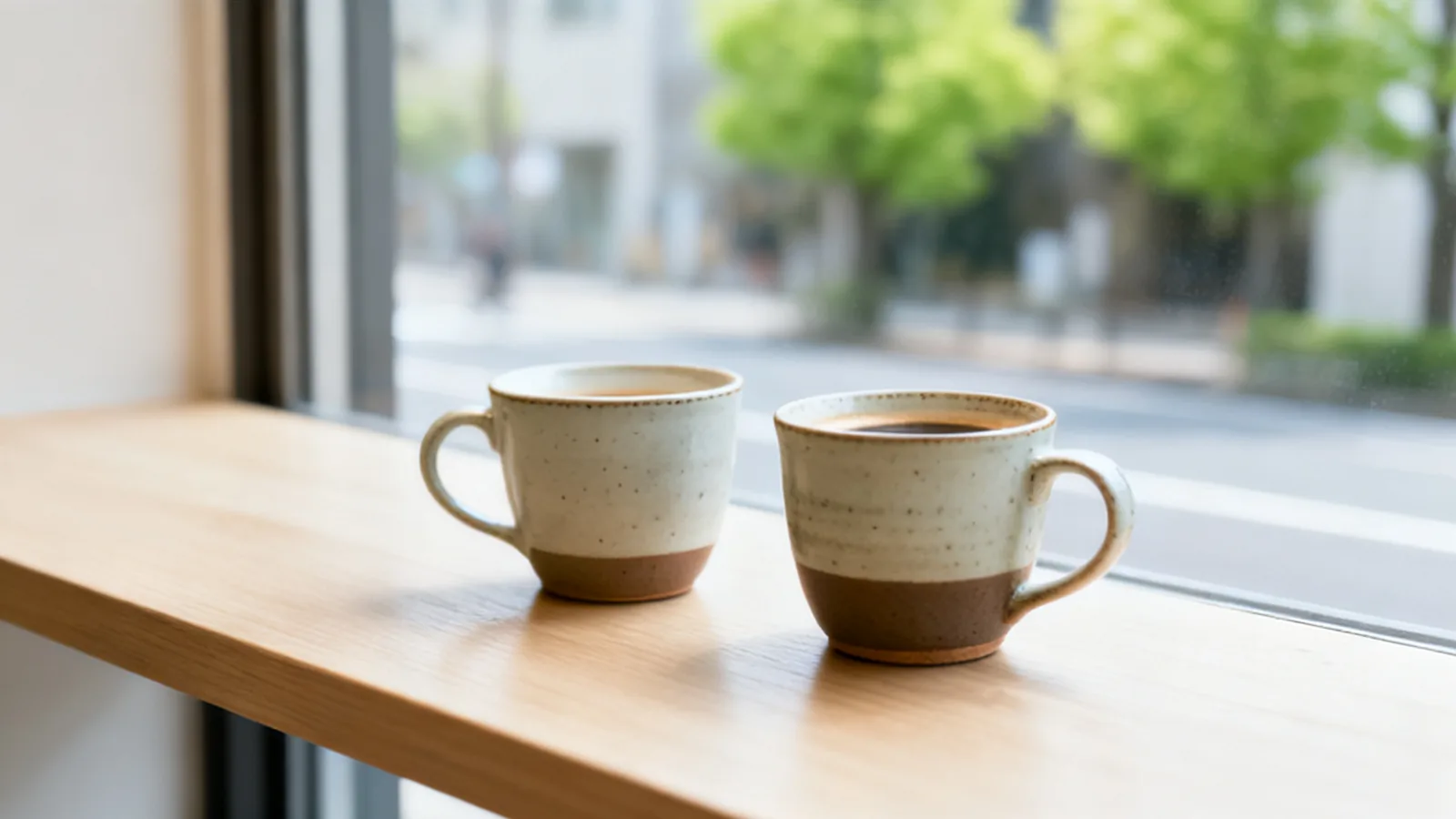 昼のカフェの窓辺に並んだ二つのコーヒーカップ
