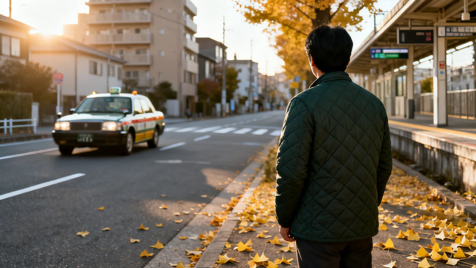 走り去るタクシーを、街角で見送る男性の後ろ姿
