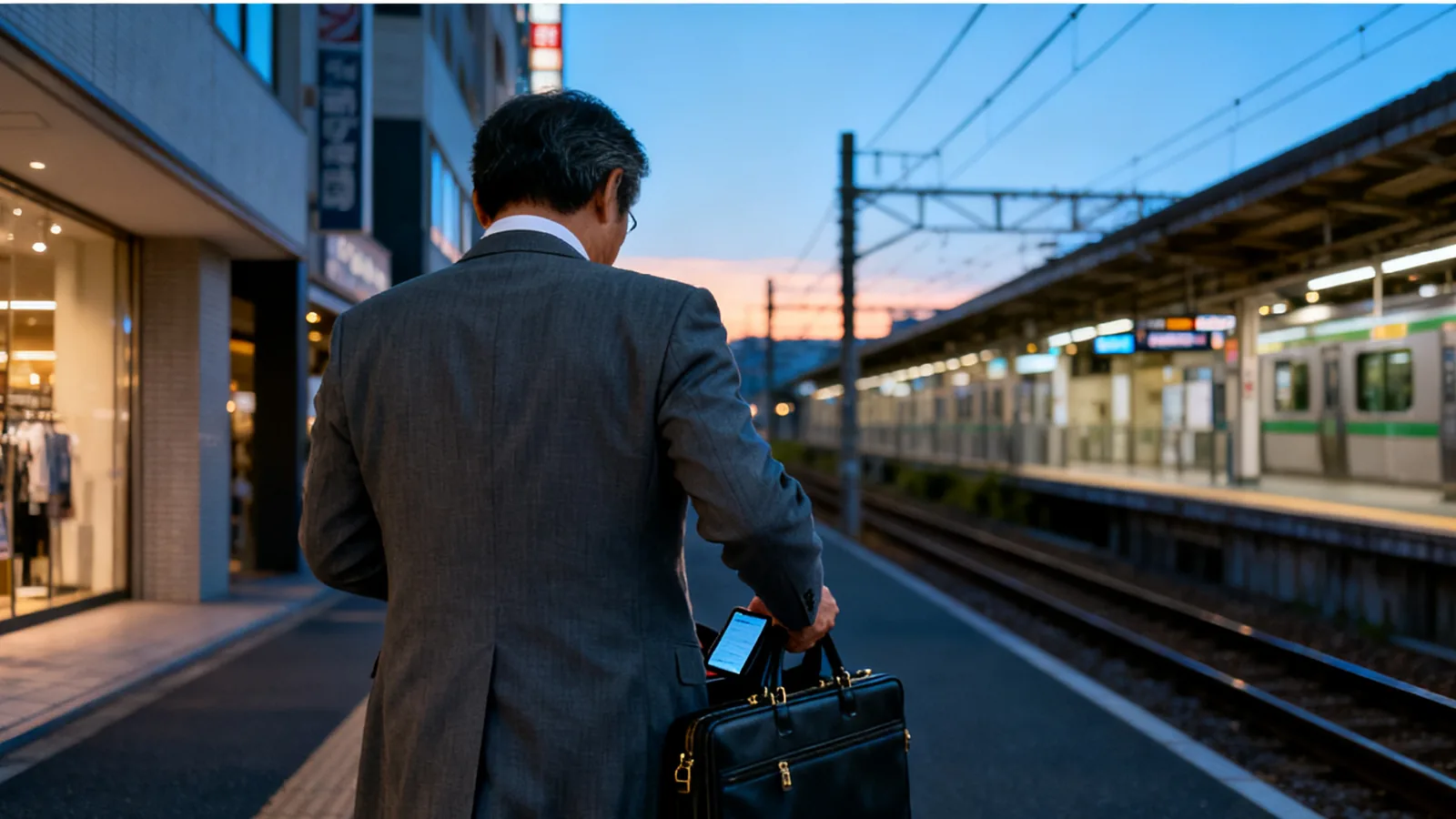 仕事帰りに駅前の商店街を歩く男性の後ろ姿
