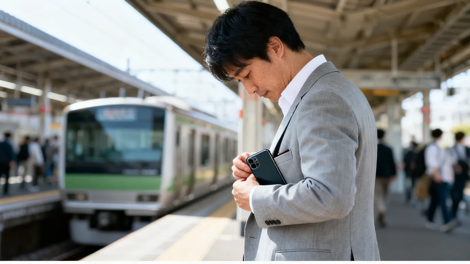 朝の駅のホームでスマホをポケットにしまう男性