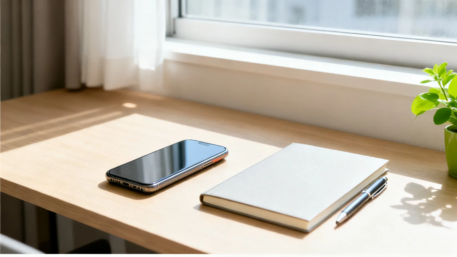 窓辺の机に伏せて置いたスマホと閉じた手帳