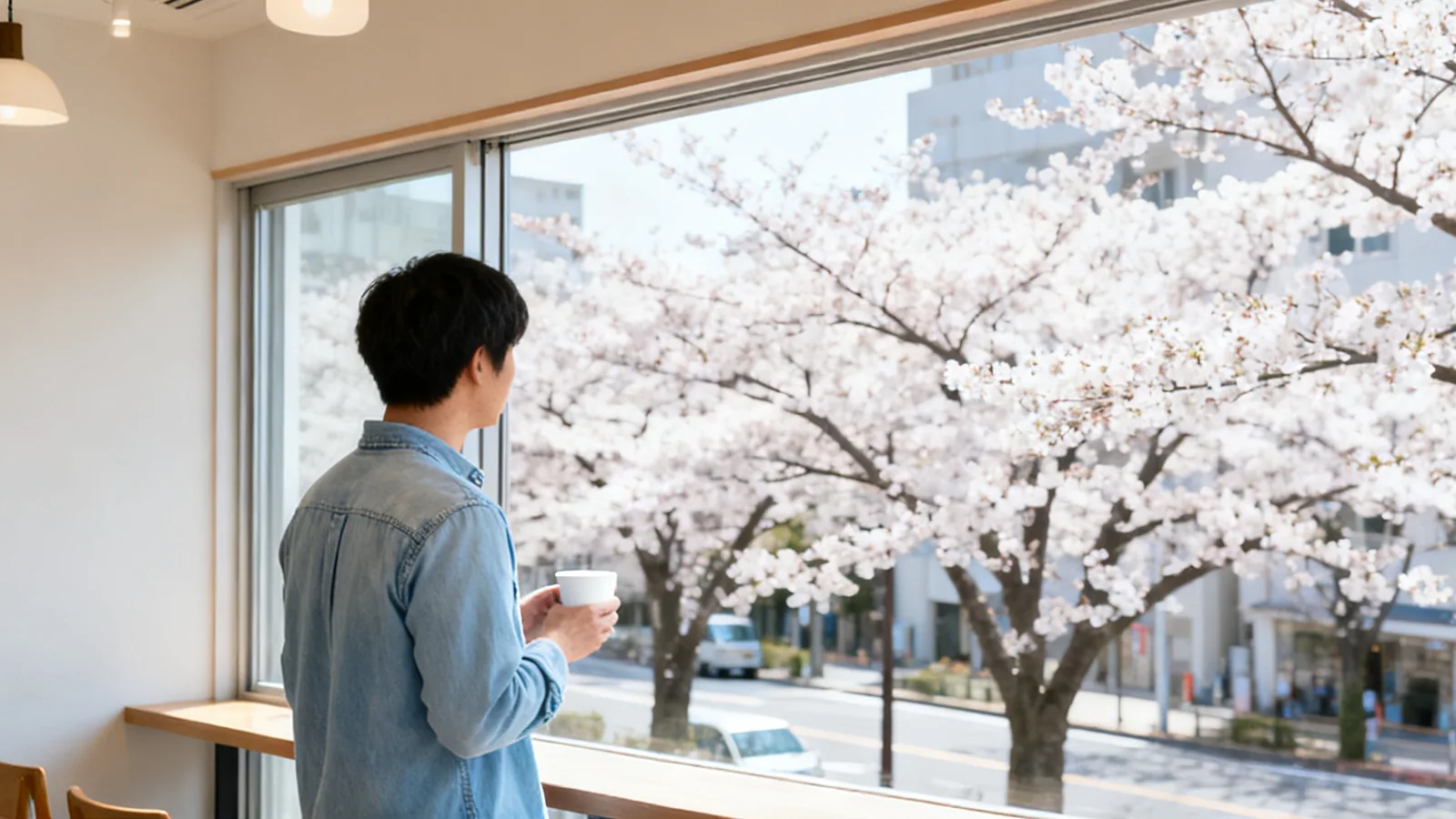 春の朝、カフェの窓から桜を眺める男性