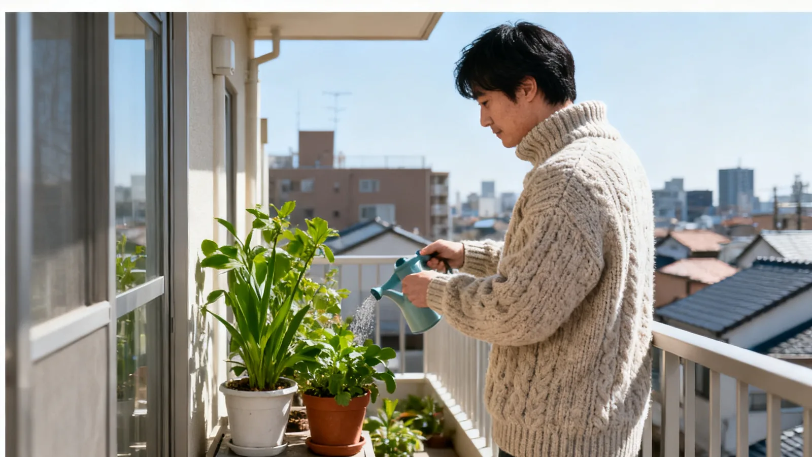 冬の朝、マンションのベランダで植木に水をやる男性
