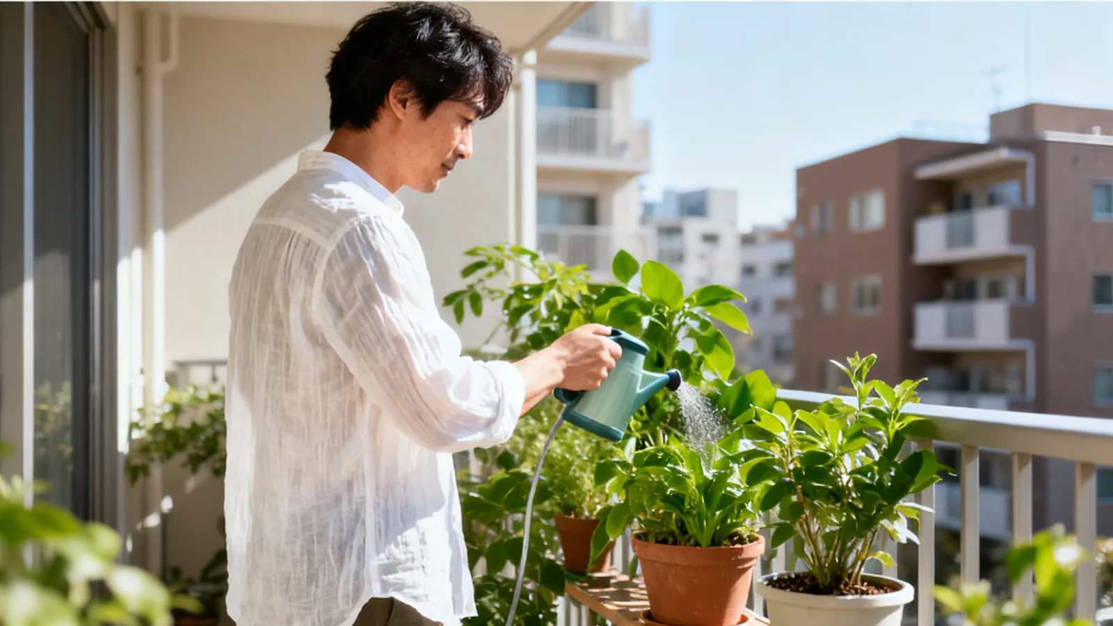 休日の朝、ベランダの鉢植えに水をやる男性