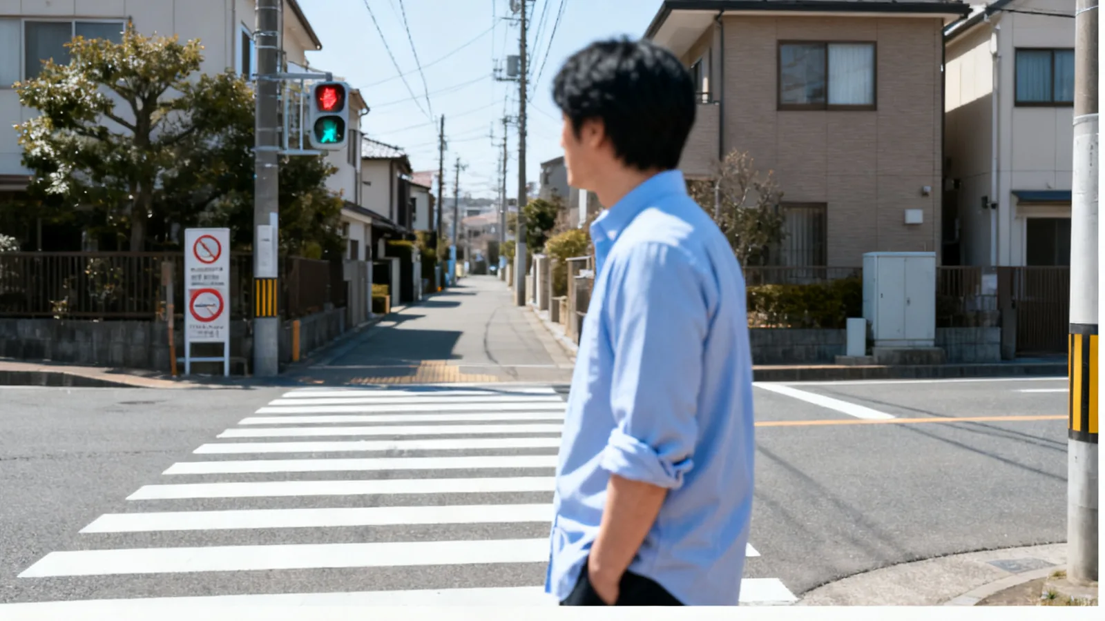 静かな住宅街の横断歩道で信号が変わるのを待つ男性