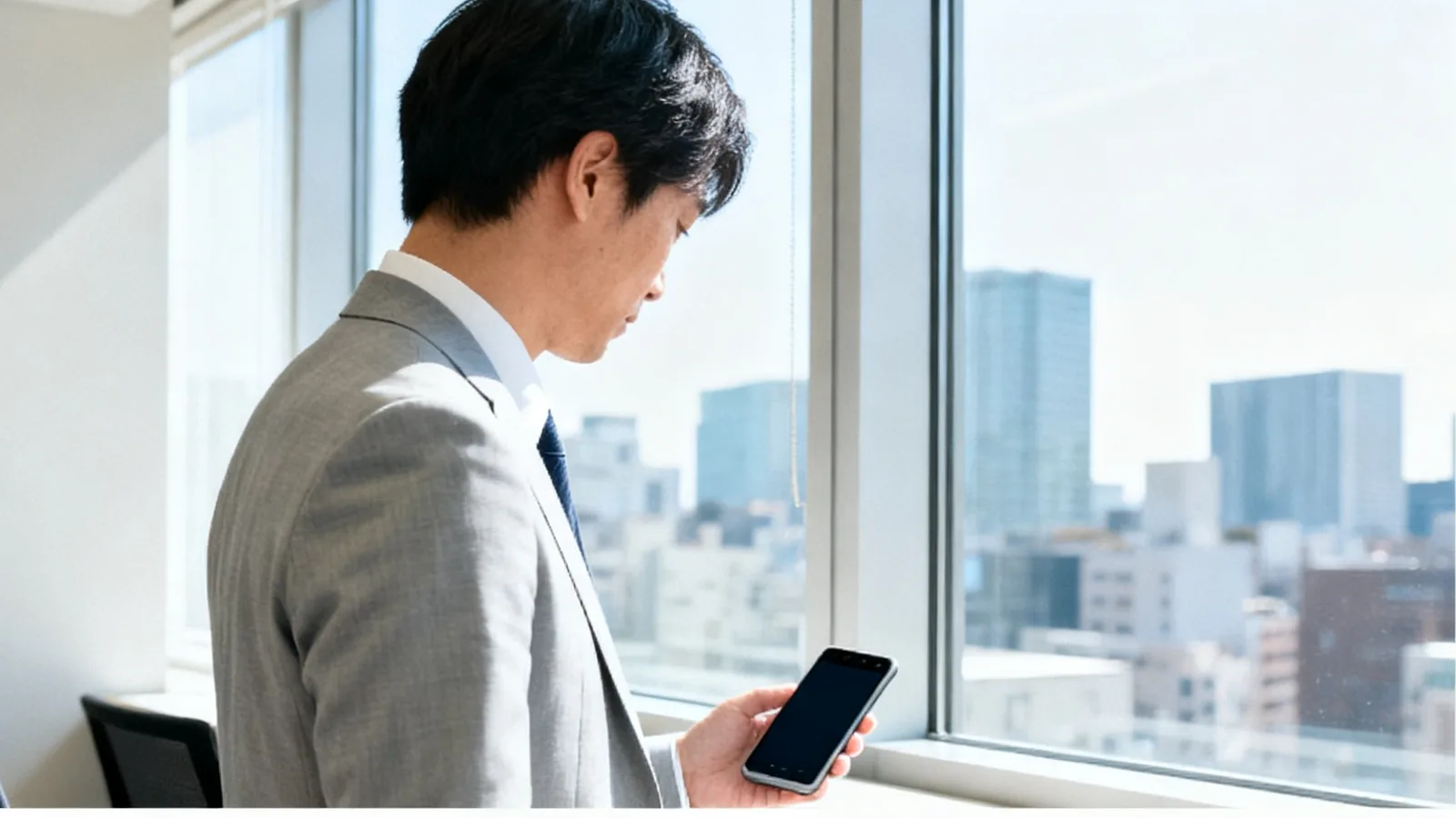 昼休みのオフィスの窓辺で、スマホを手に立つ男性