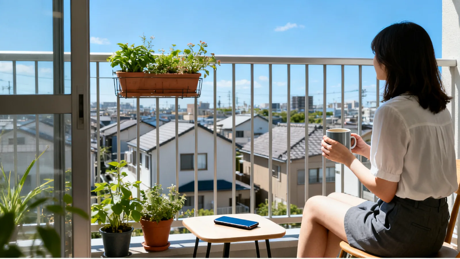 スマホを伏せたまま、ベランダで朝を過ごす女性