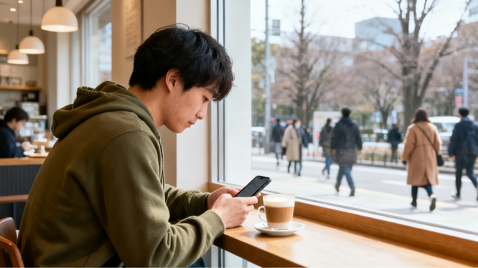 カフェの窓際でスマホを伏せて外を見る男性