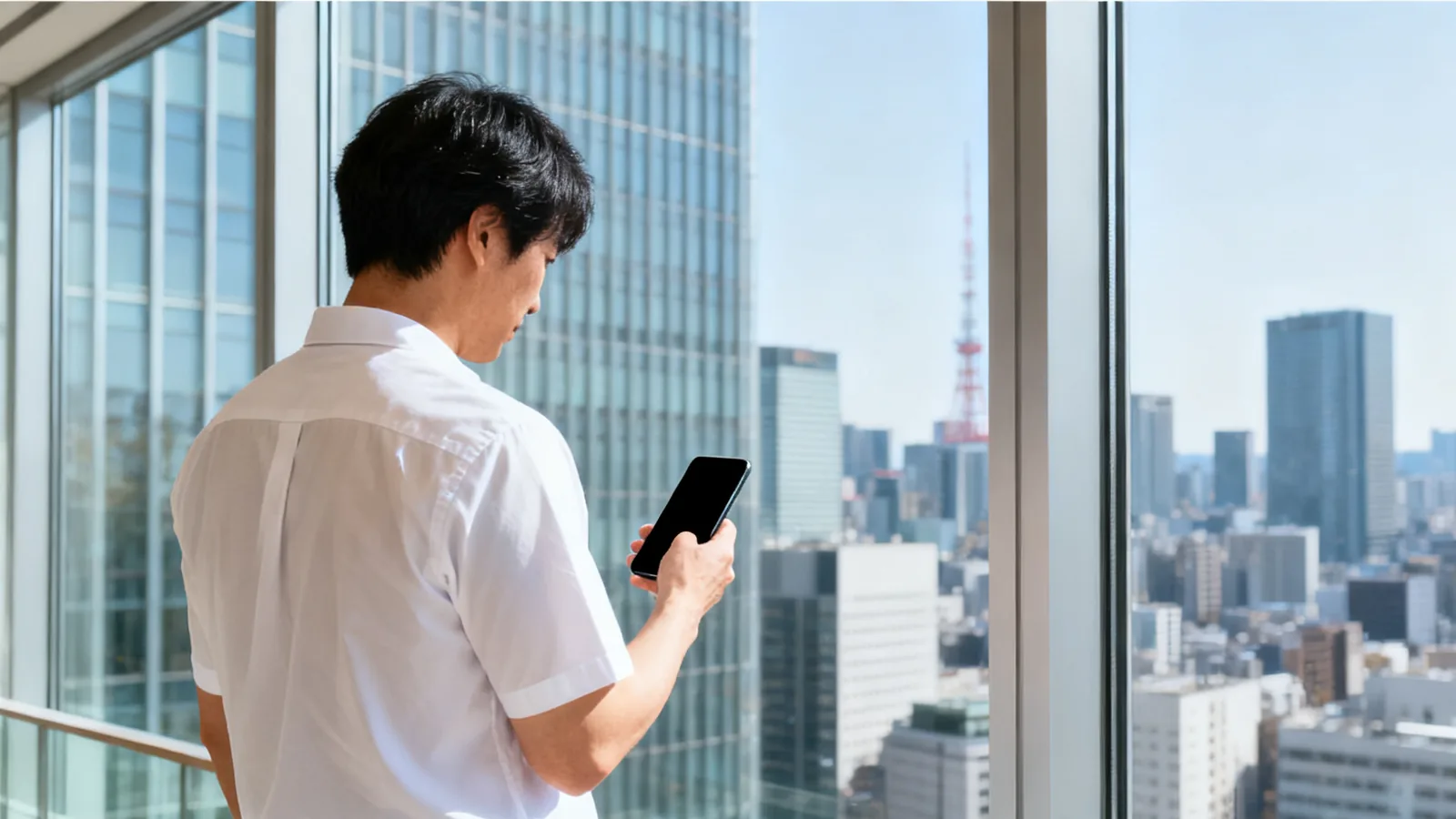 オフィスの窓辺で、スマホを手に投稿をためらう男性