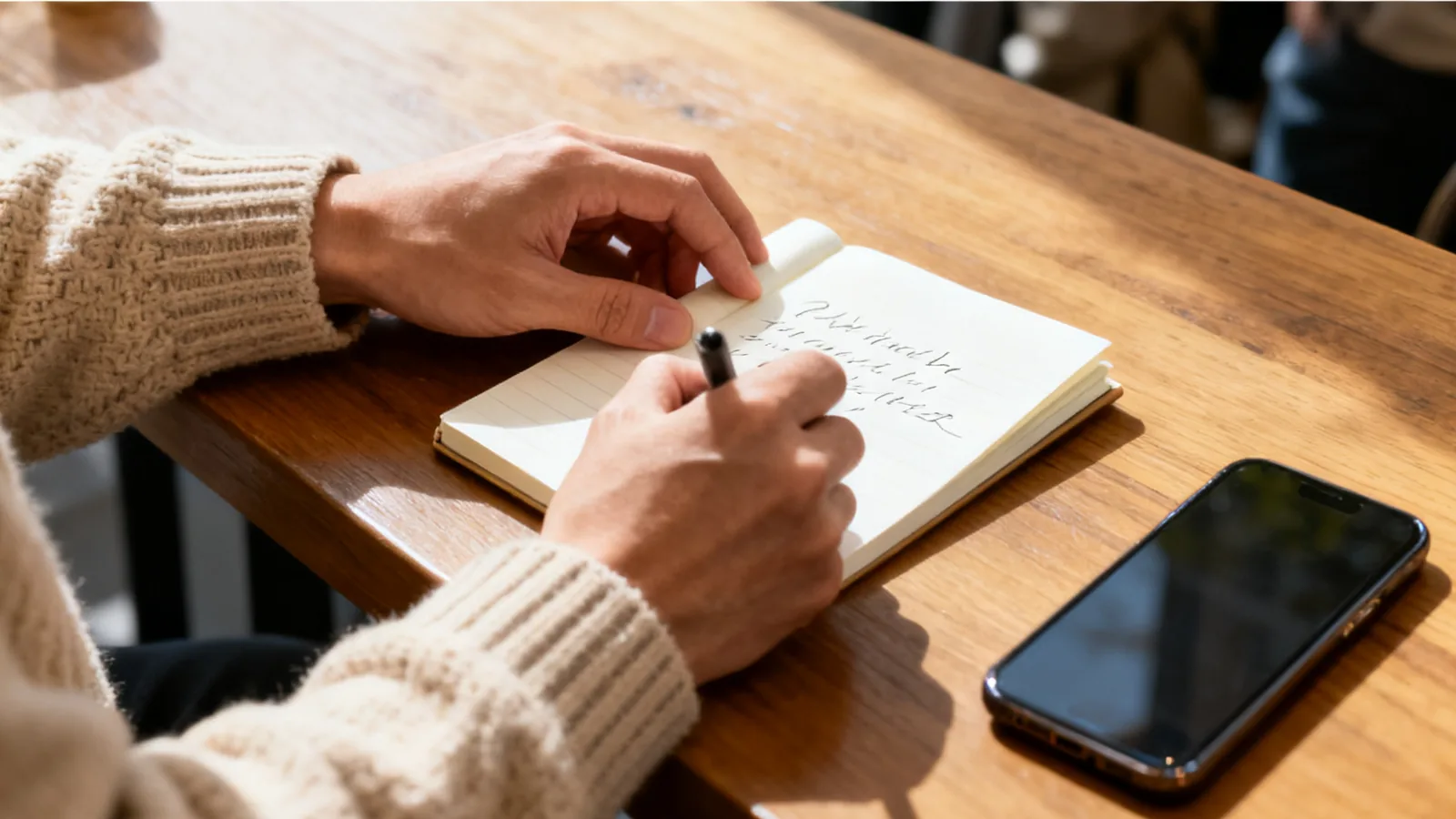 カフェのカウンターで紙のノートに書く男性の手元