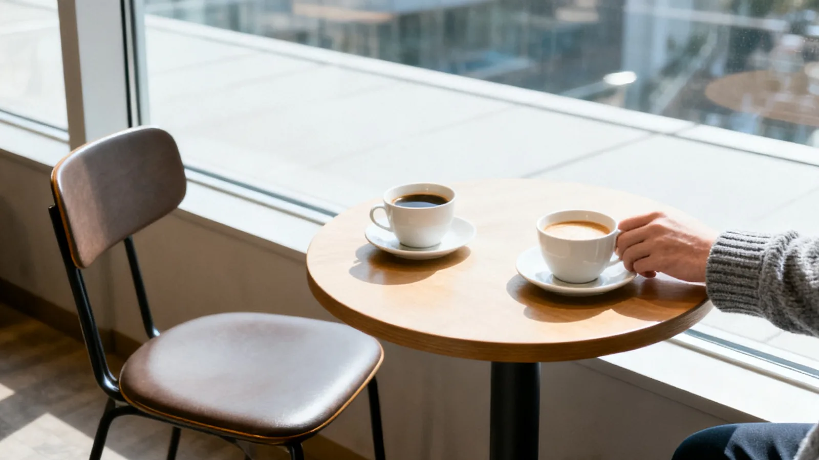 昼のカフェのテーブルと、空いたままの向かいの席