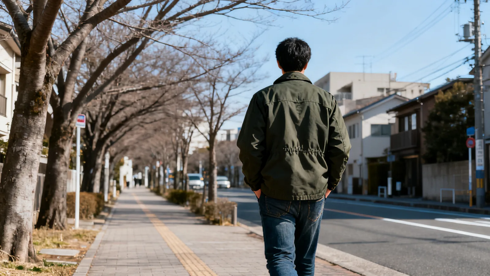 冬の朝、並木道を一人で歩く男性の後ろ姿