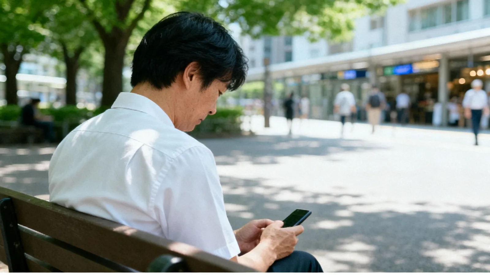 初夏の昼の公園のベンチで手元のスマホを見る男性