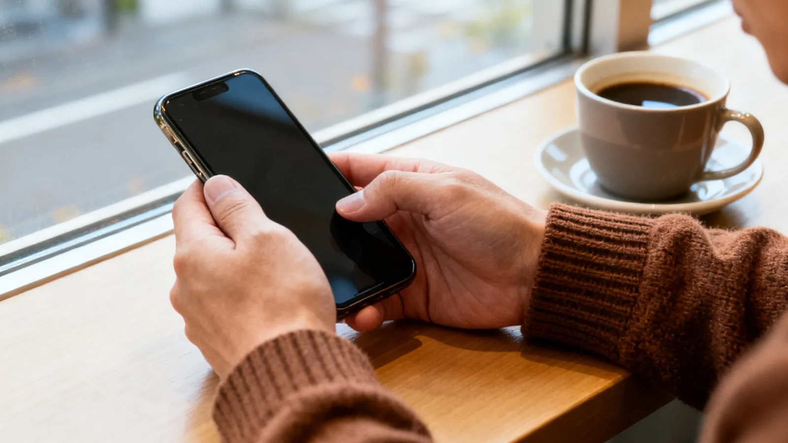 カフェの窓際のテーブルでスマホを両手で持つ男性の手元