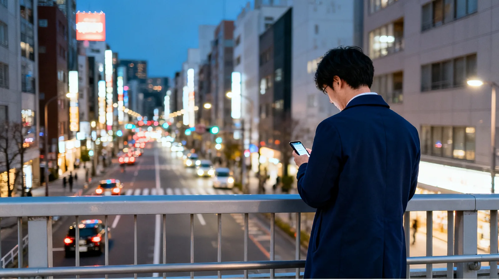 歩道橋の上でスマホを見つめる男性