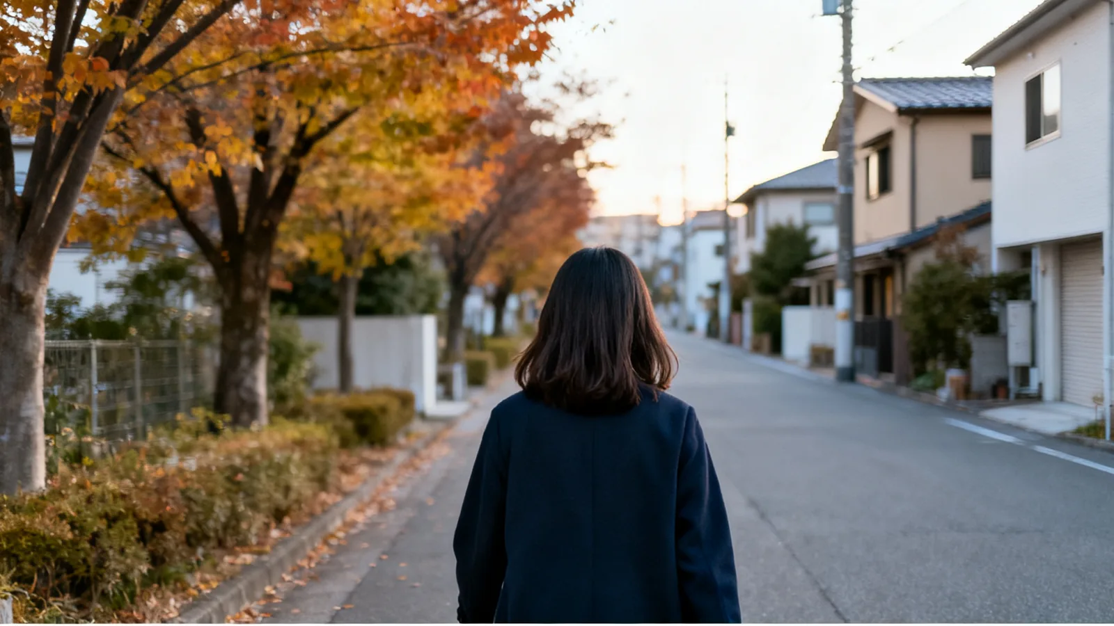 住宅街の道を一人で歩いていく女性の後ろ姿