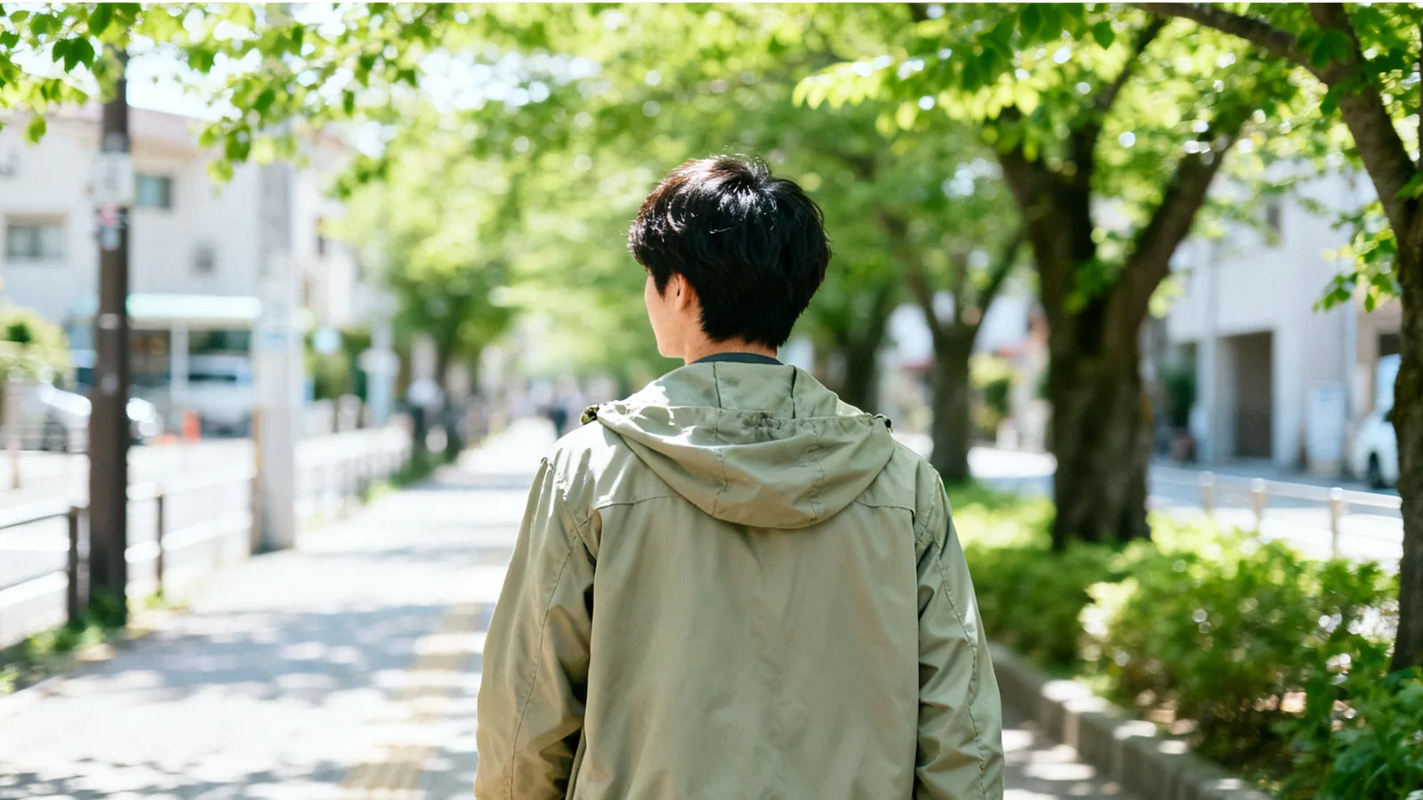 初夏の朝、並木道を歩いて出かける男性