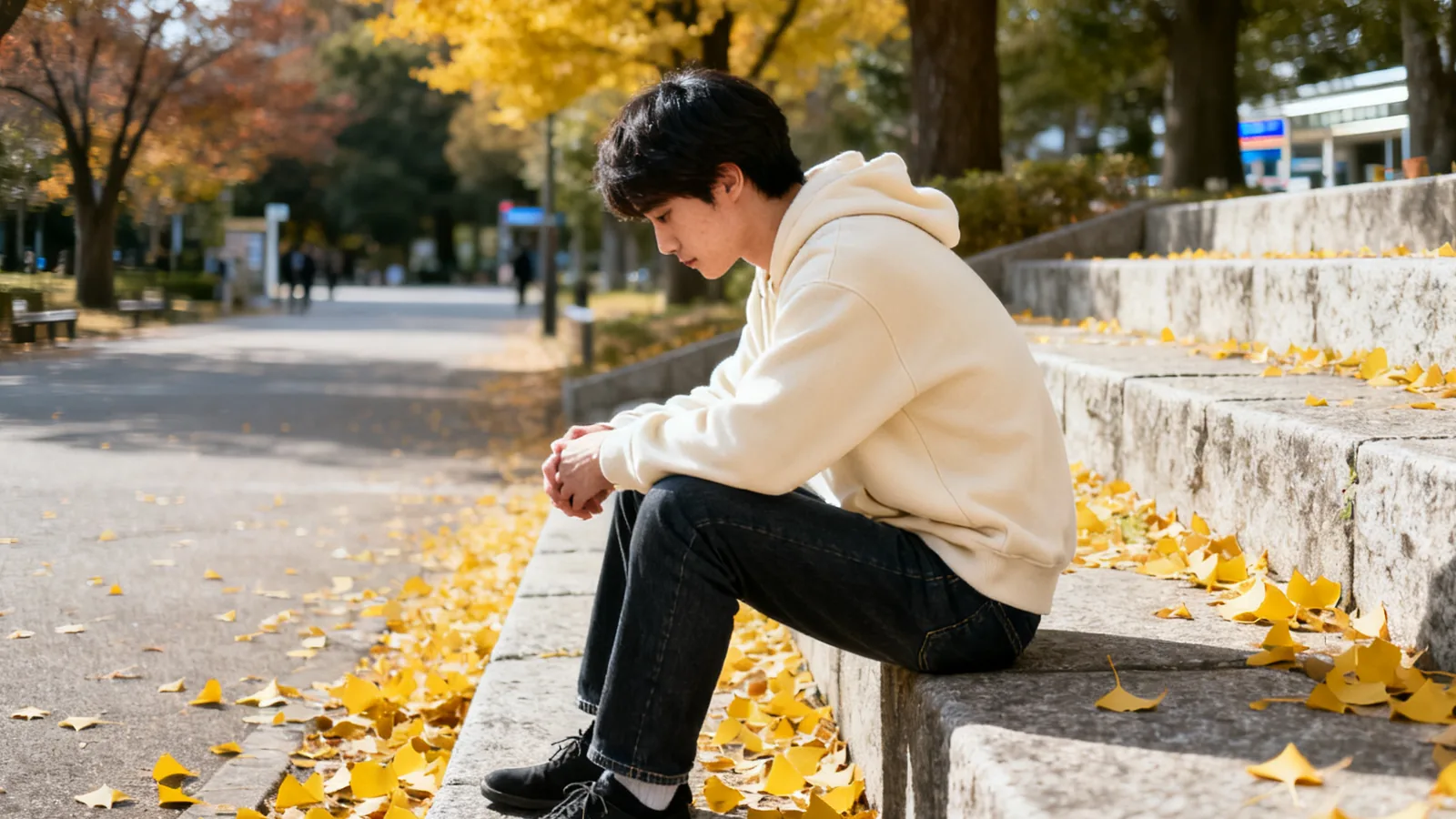秋の朝、公園の石段に座って考え込む男性