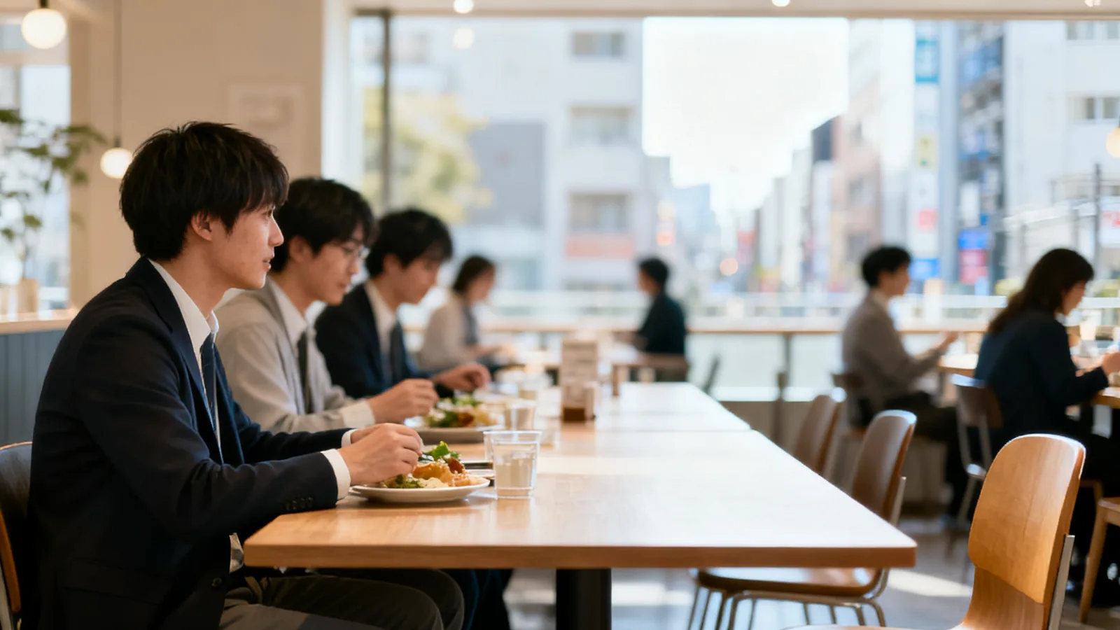 昼のカフェで同僚たちが談笑し、一つだけ席が空いている