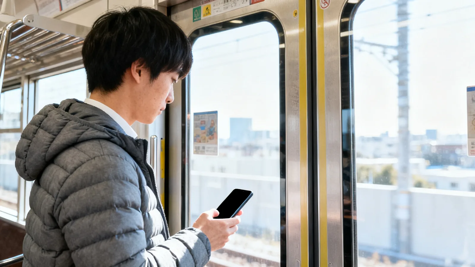 昼下がりの電車の窓際で画面の消えたスマホを持つ男性