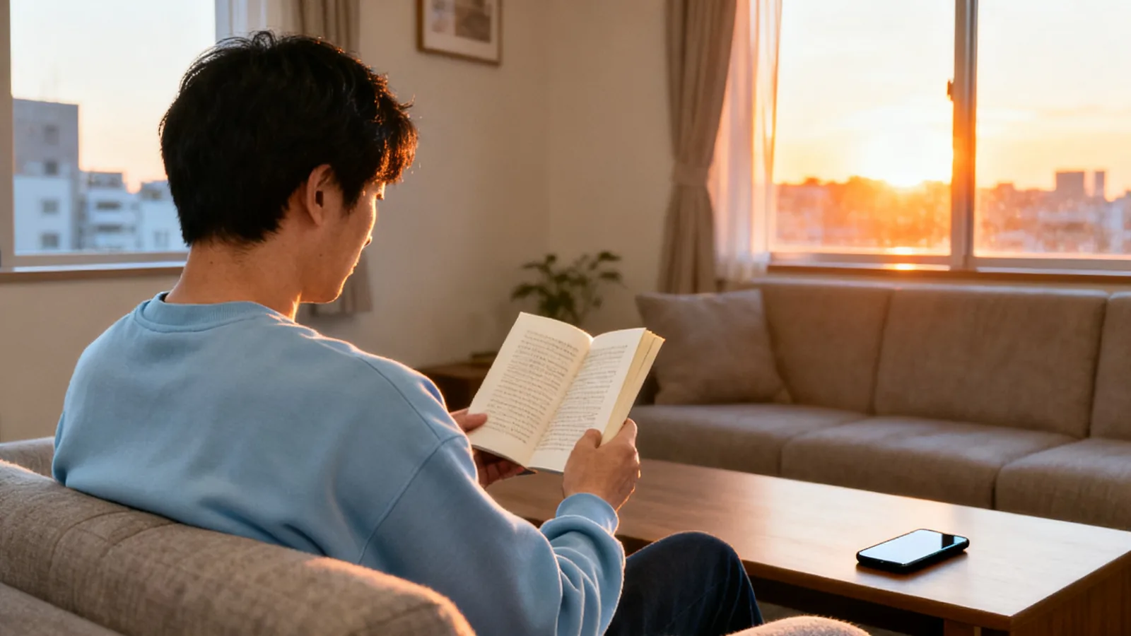 夕方の明るい居間で本を読む男性とテーブルに伏せたスマホ